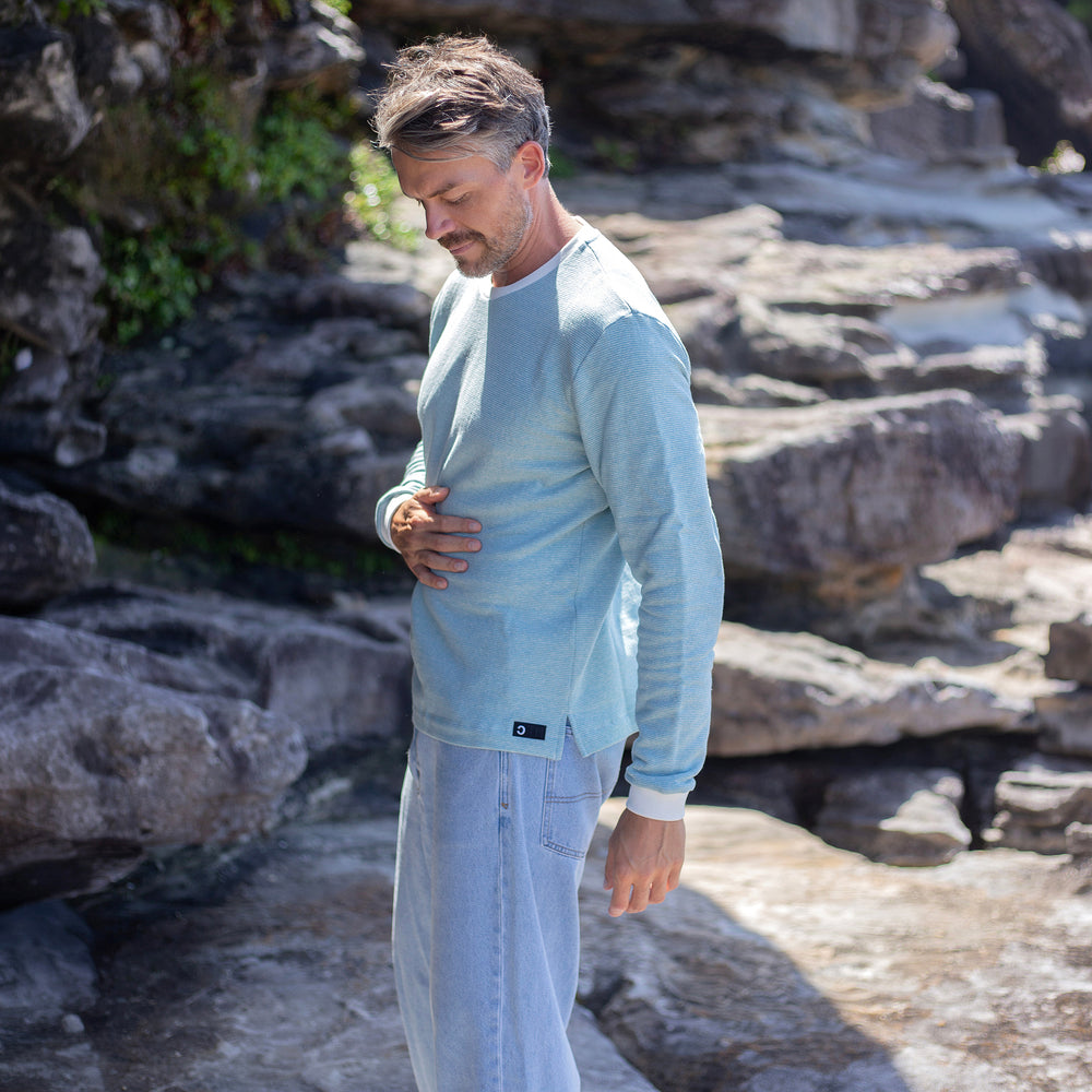 The Men's Limited Edition Blue Pinstripe Hemp Sweatshirt in 55% Hemp, 45% Organic Cotton, Blue / White Pinstripe