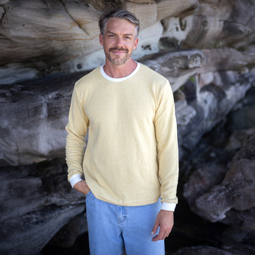 The Men's Limited Edition Yellow Pinstripe Hemp Sweatshirt in 55% Hemp, 45% Organic Cotton, Yellow / White Pinstripe