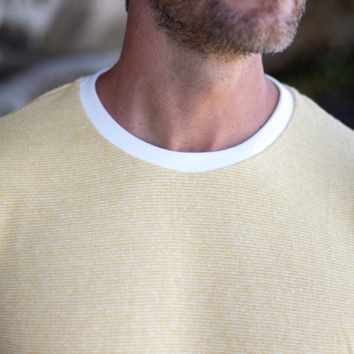 The Men's Limited Edition Yellow Pinstripe Hemp Sweatshirt in 55% Hemp, 45% Organic Cotton, Yellow / White Pinstripe