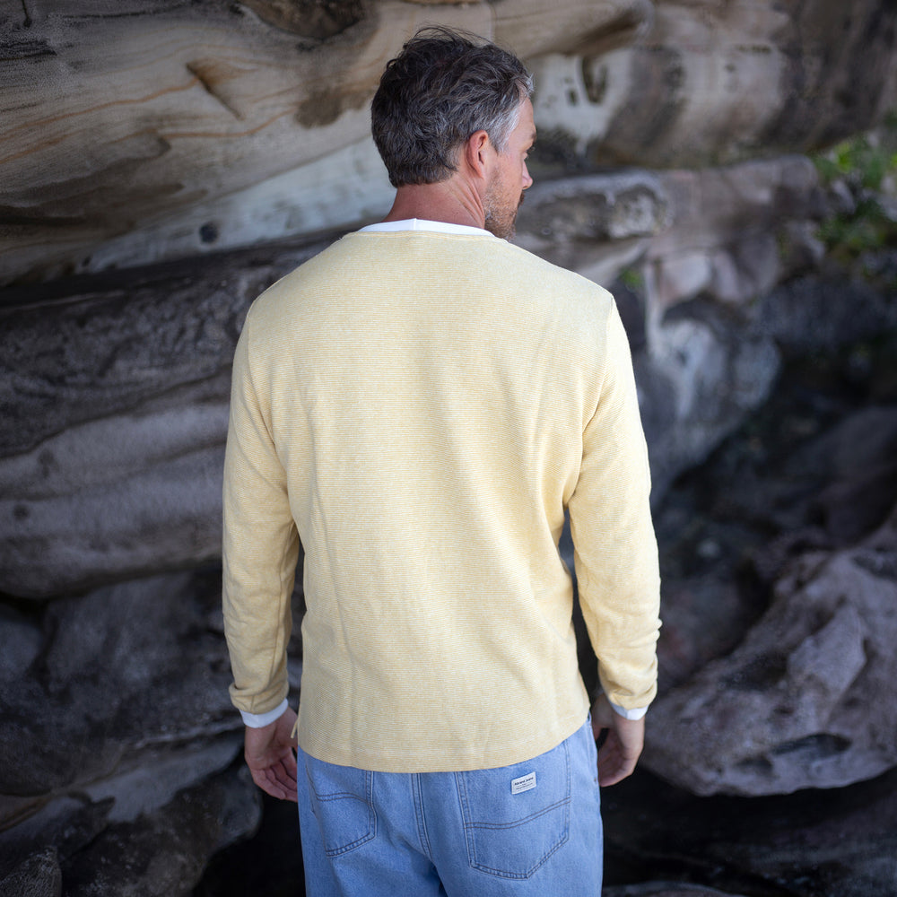 The Men's Limited Edition Yellow Pinstripe Hemp Sweatshirt in 55% Hemp, 45% Organic Cotton, Yellow / White Pinstripe