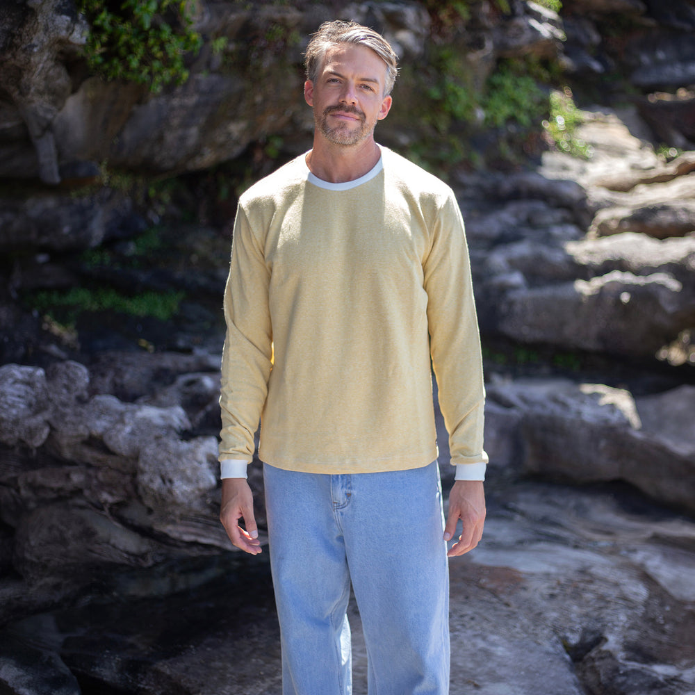 The Men's Limited Edition Yellow Pinstripe Hemp Sweatshirt in 55% Hemp, 45% Organic Cotton, Yellow / White Pinstripe
