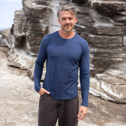 The Men's Limited Edition LS Crew Tee in 55% Hemp / 45% Organic Cotton 210GSM, Indigo Black Pinstripe