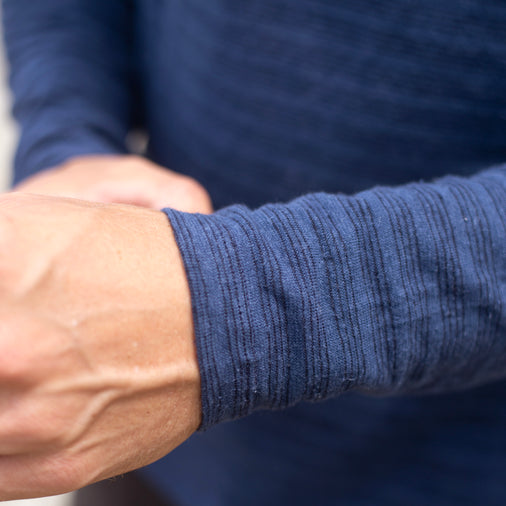 The Men's Limited Edition LS Crew Tee in 55% Hemp / 45% Organic Cotton 210GSM, Indigo Black Pinstripe