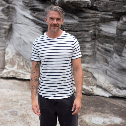 The Men's Short Crew Tee in 55% Hemp / 45% Organic Cotton 210GSM, in White Navy Wide Stripe