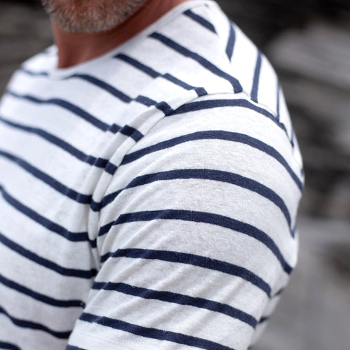 The Men's Short Crew Tee in 55% Hemp / 45% Organic Cotton 210GSM, in White Navy Wide Stripe