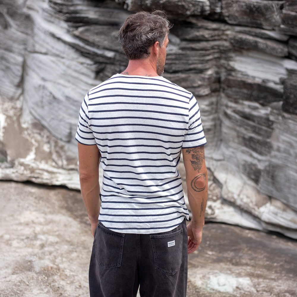 The Men's Short Crew Tee in 55% Hemp / 45% Organic Cotton 210GSM, in White Navy Wide Stripe