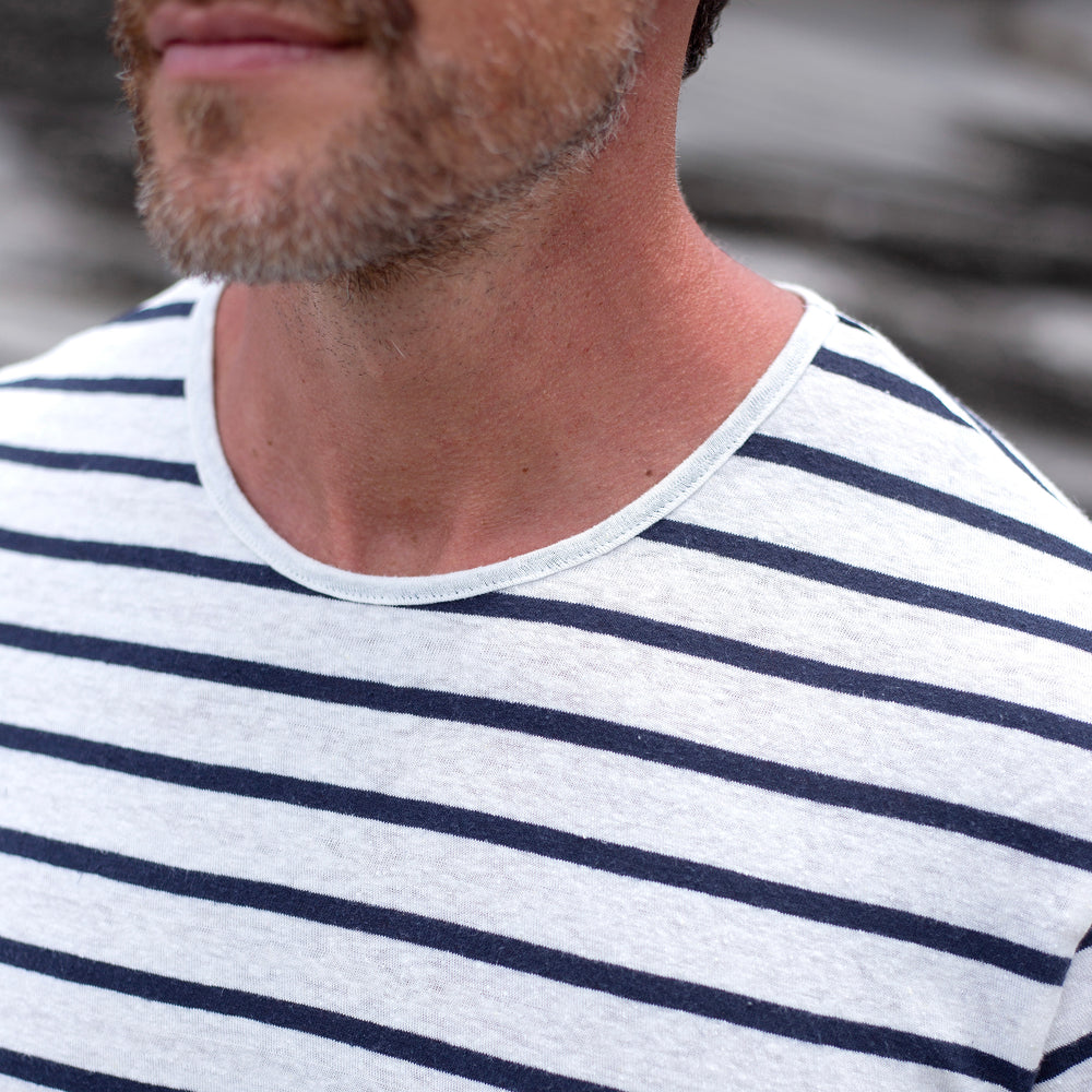 The Men's Short Crew Tee in 55% Hemp / 45% Organic Cotton 210GSM, in White Navy Wide Stripe