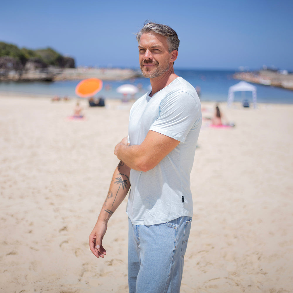 The Men's Short Crew Tee in 55% Linen / 45% Tencel 140GSM, in Cloud