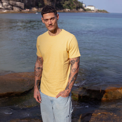The Men's Mud To Marle Tee in 70% Australian Cotton / 30% Merino Wool 210GSM, Maize Yellow