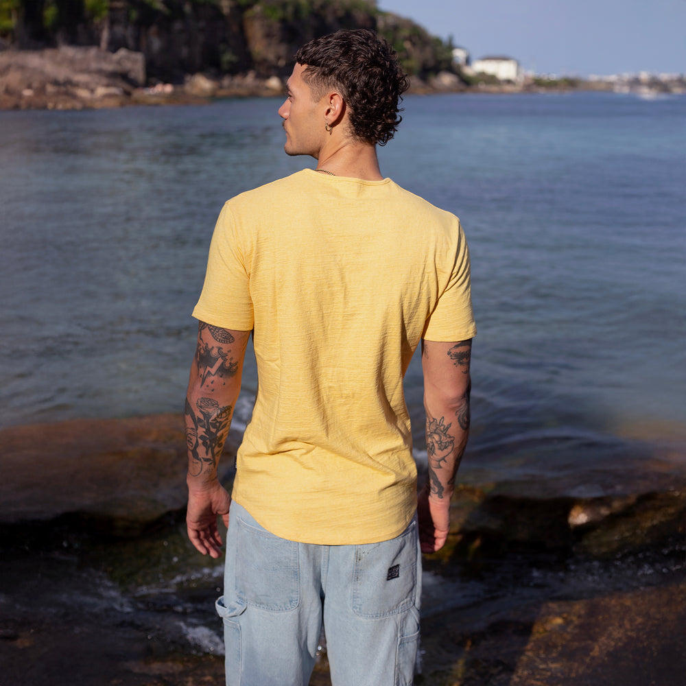 The Men's Mud To Marle Tee in 70% Australian Cotton / 30% Merino Wool 210GSM, Maize Yellow