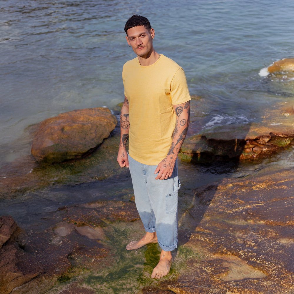 The Men's Mud To Marle Tee in 70% Australian Cotton / 30% Merino Wool 210GSM, Maize Yellow