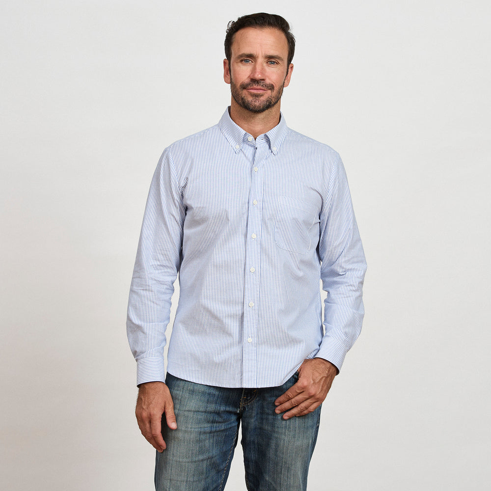 The Striped Oxford Shirt in Organic Cotton Oxford 140GSM, Blue Stripe