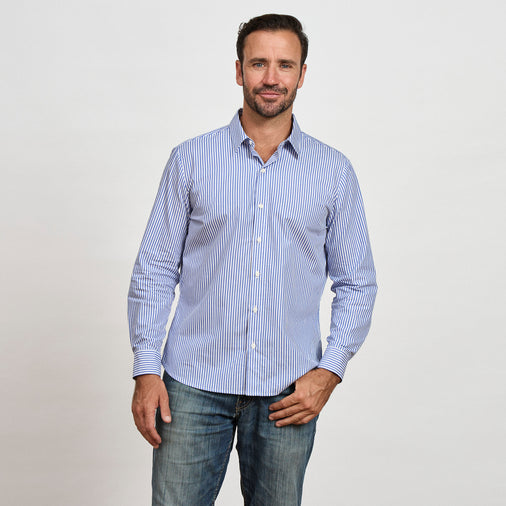The Striped Poplin Shirt in Organic Cotton Poplin 110GSM, Blue Stripe
