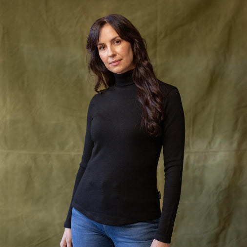 The Women's Limited Edition, Merino Ponte Heavy Turtleneck Tee in 100% Merino Ponte 350GSM, Black