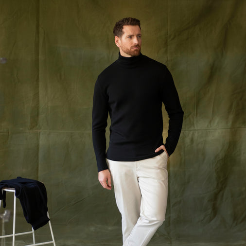 The Men's Limited Edition, Merino Ponte Heavy Turtleneck Tee in 100% Merino Ponte 350GSM, Black